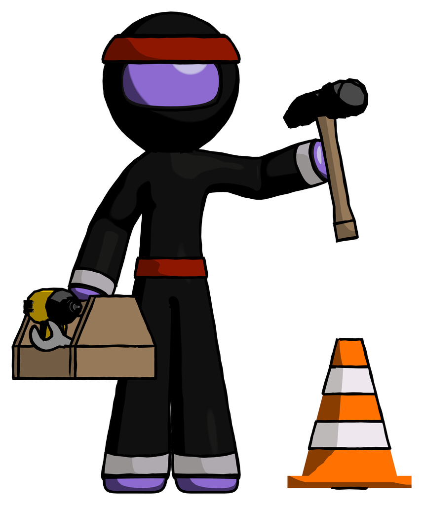 Purple Ninja Warrior Man Under Construction Concept, Traffic Cone And Tools