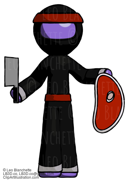 Purple Ninja Warrior Man Holding Large Steak With Butcher Knife #6286