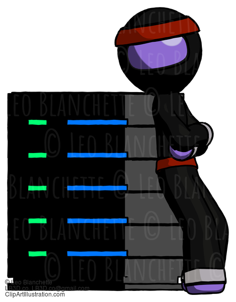 Purple Ninja Warrior Man Resting Against Server Rack Viewed At Angle #6288