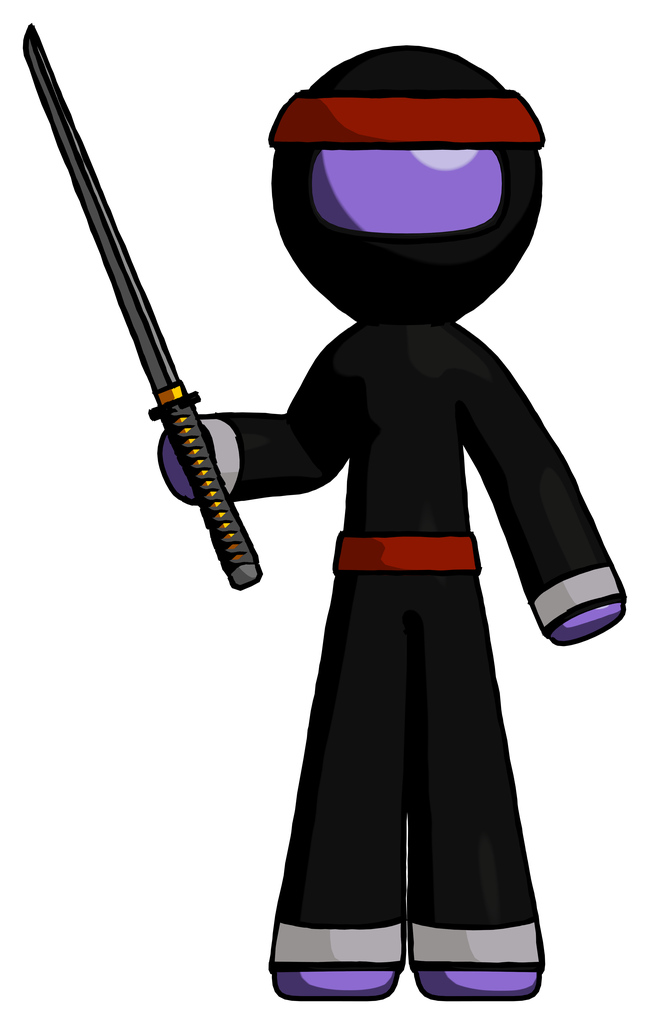Purple Ninja Warrior Man standing up with ninja sword katana