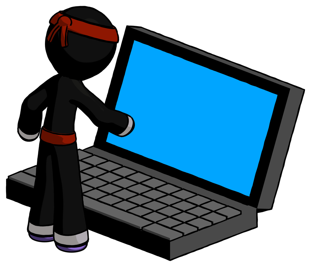 Purple Ninja Warrior Man using large laptop computer