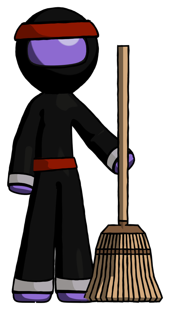 Purple Ninja Warrior Man standing with broom cleaning services