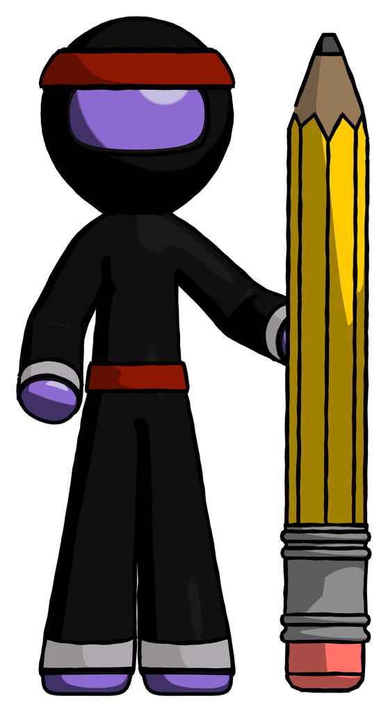 Purple Ninja Warrior Man with large pencil standing ready to write