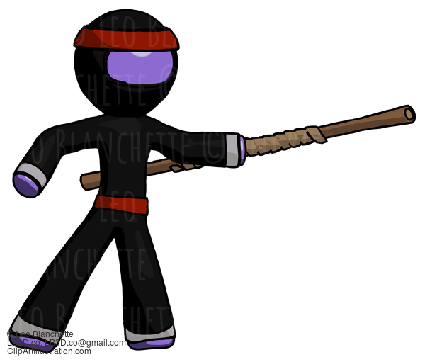 Purple Ninja Warrior Man Bo Staff Pointing Right Kung Fu Pose #6313