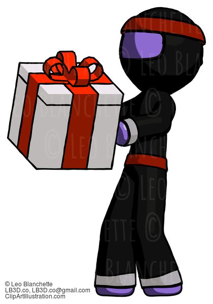 Purple Ninja Warrior Man Presenting A Present With Large Red Bow On It #6314