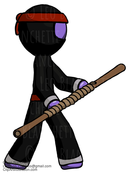 Purple Ninja Warrior Man Holding Bo Staff In Sideways Defense Pose #6322