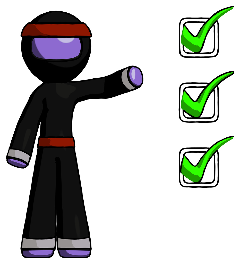 Purple Ninja Warrior Man standing by list of checkmarks