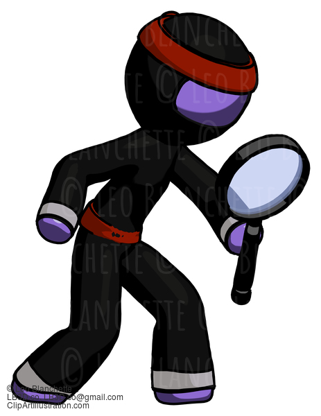 Purple Ninja Warrior Man Inspecting With Large Magnifying Glass Right #6356