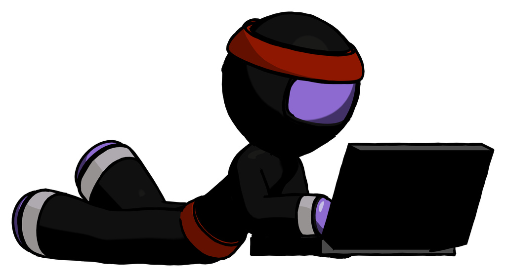 Purple Ninja Warrior Man using laptop computer while lying on floor side angled view