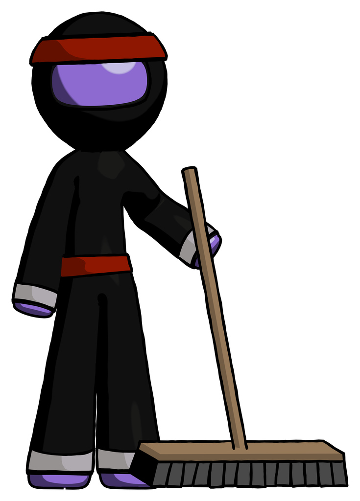 Purple Ninja Warrior Man standing with industrial broom