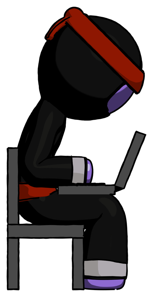 Purple Ninja Warrior Man using laptop computer while sitting in chair view from side