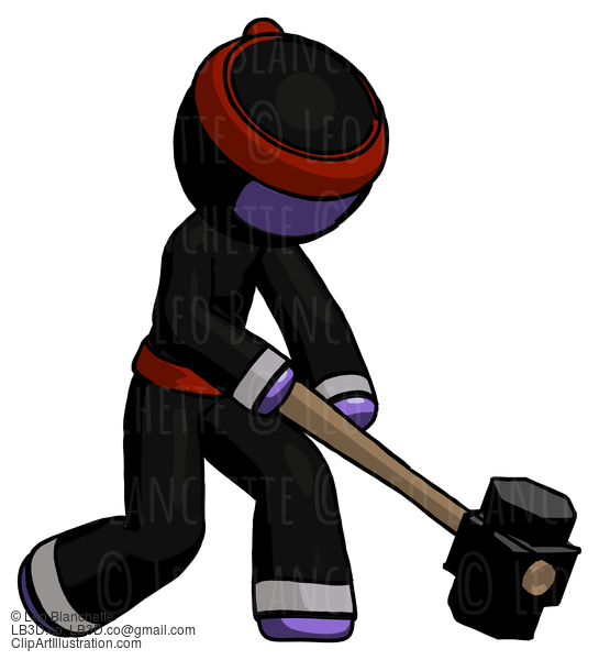 Purple Ninja Warrior Man Hitting With Sledgehammer, Or Smashing Something At Angle #6382