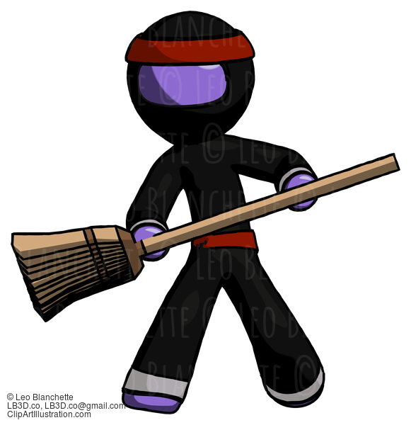 Purple Ninja Warrior Man Broom Fighter Defense Pose #6383