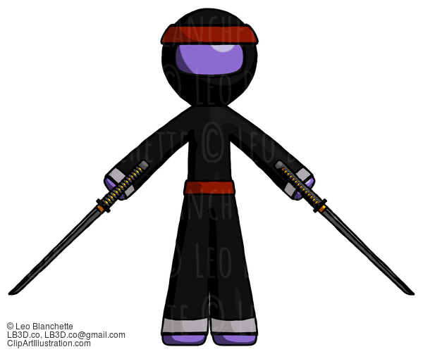 Purple Ninja Warrior Man Posing With Two Ninja Sword Katanas #6391