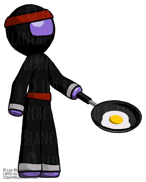 Purple Ninja Warrior Man Frying Egg In Pan Or Wok Facing Right #6394