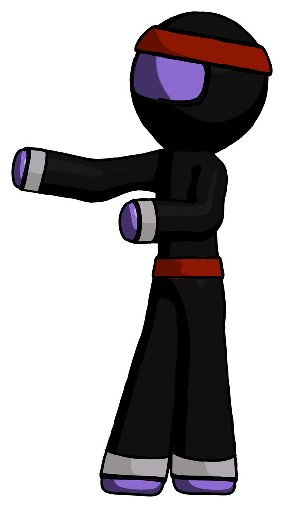 Purple Ninja Warrior man presenting something to his right