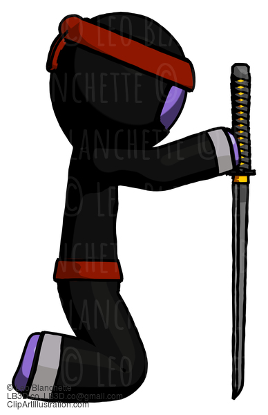 Purple Ninja Warrior Man Kneeling With Ninja Sword Katana Showing Respect #6407