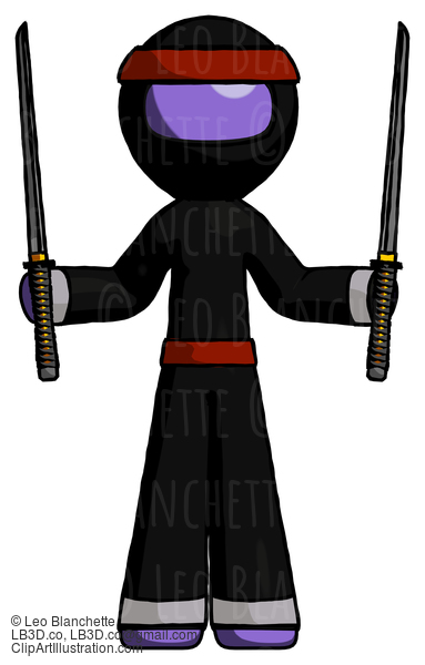 Purple Ninja Warrior Man Posing With Two Ninja Sword Katanas Up #6415