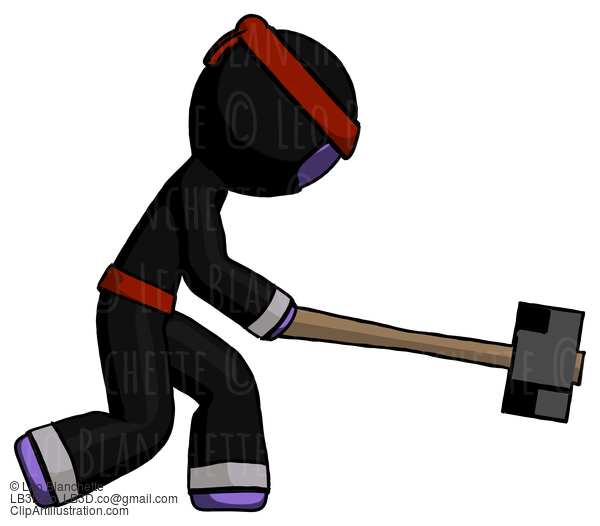 Purple Ninja Warrior Man Hitting With Sledgehammer, Or Smashing Something #6419