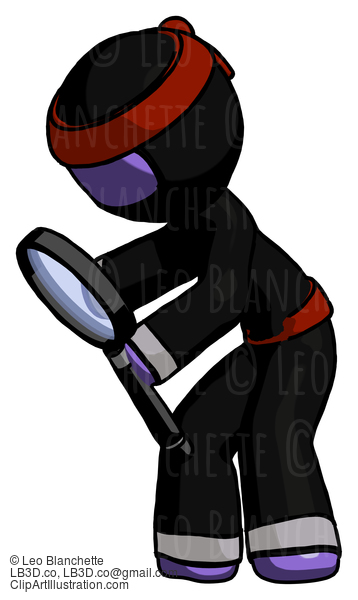 Purple Ninja Warrior Man Inspecting With Large Magnifying Glass Left #6423