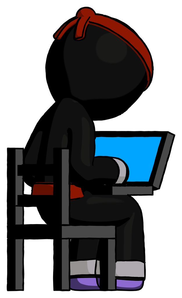 Purple Ninja Warrior Man using laptop computer while sitting in chair view from back