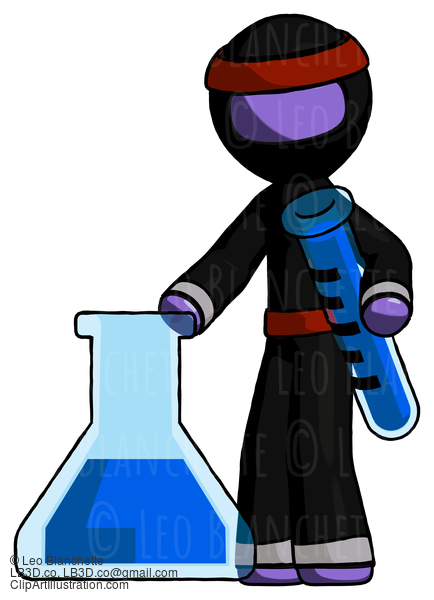 Purple Ninja Warrior Man Holding Test Tube Beside Beaker Or Flask #6428