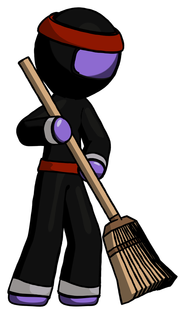 Purple Ninja Warrior Man sweeping area with broom