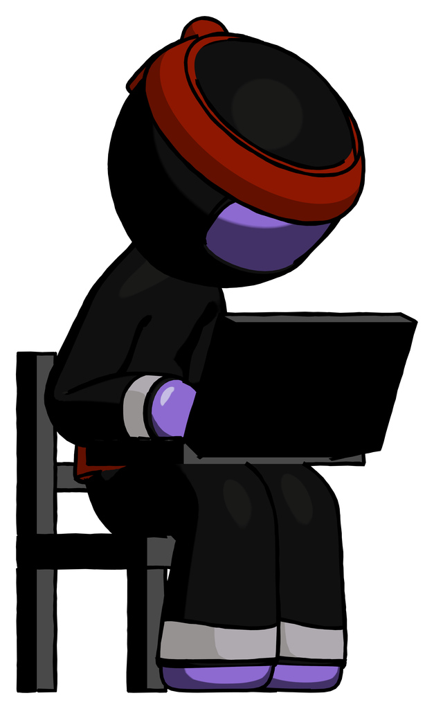 Purple Ninja Warrior Man using laptop computer while sitting in chair angled right