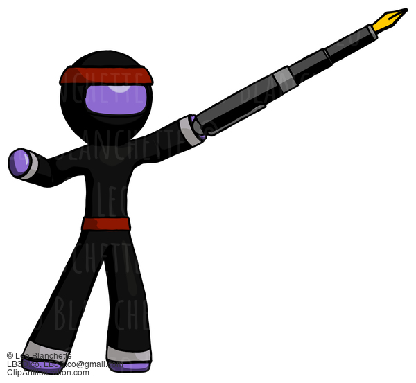 Purple Ninja Warrior Man Pen Is Mightier Than The Sword Calligraphy Pose #6456