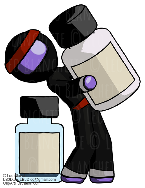 Purple Ninja Warrior Man Holding Large White Medicine Bottle With Bottle In Background #6459