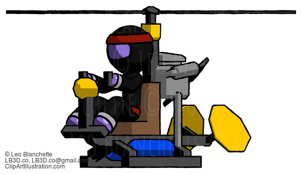 Purple Ninja Warrior Man Flying In Gyrocopter Front Side Angle View #6460