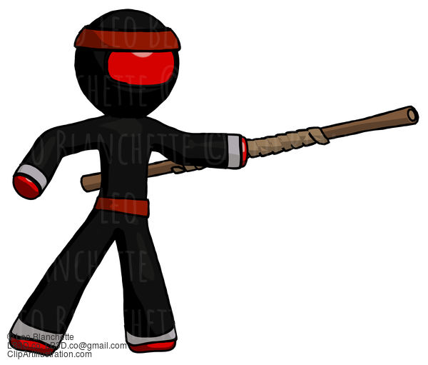 Red Ninja Warrior Man Bo Staff Pointing Right Kung Fu Pose #5563