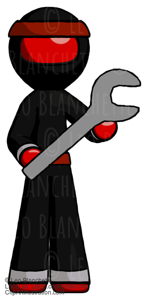 Red Ninja Warrior Man Holding Large Wrench With Both Hands #5565