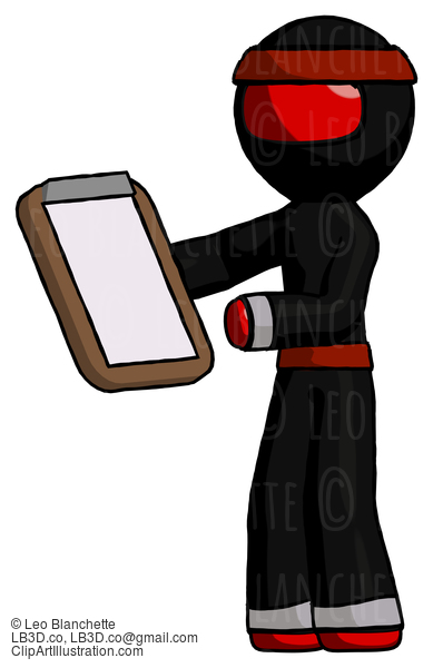 Red Ninja Warrior Man Reviewing Stuff On Clipboard #5580