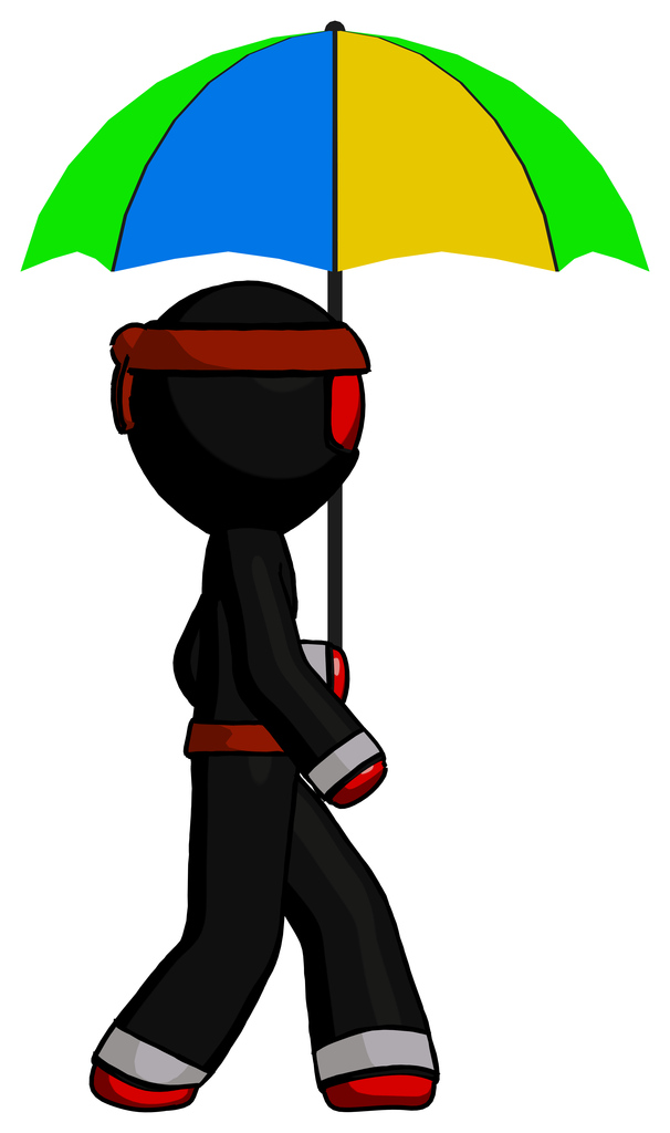 Red Ninja Warrior Man Walking With Colored Umbrella
