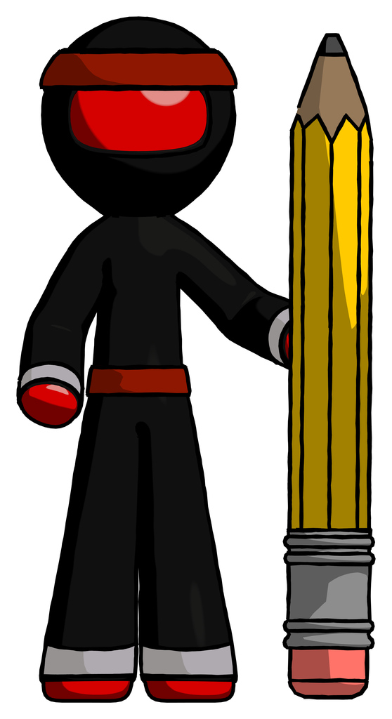 Red Ninja Warrior Man with large pencil standing ready to write