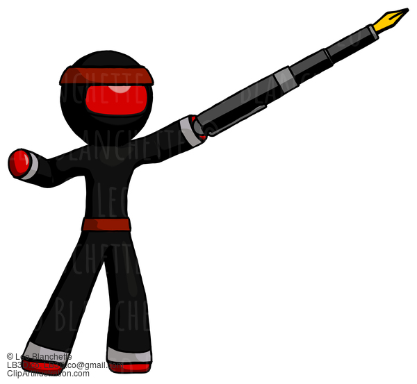 Red Ninja Warrior Man Pen Is Mightier Than The Sword Calligraphy Pose #5588