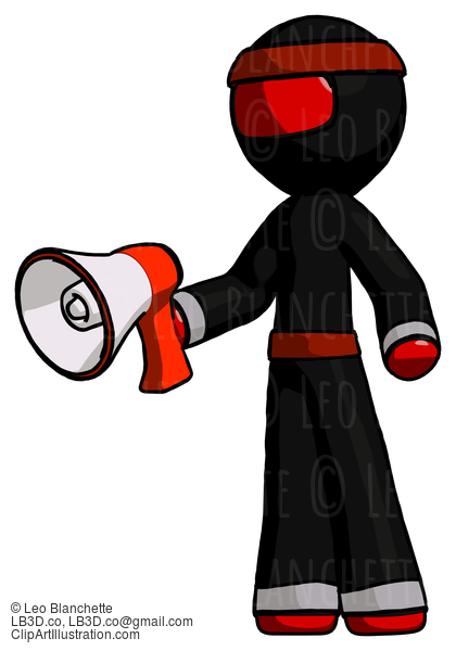 Red Ninja Warrior Man Holding Megaphone Bullhorn Facing Right #5621