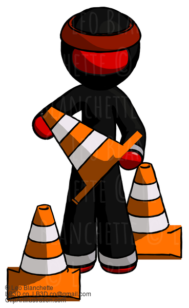 Red Ninja Warrior Man Holding A Traffic Cone #5629