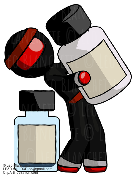 Red Ninja Warrior Man Holding Large White Medicine Bottle With Bottle In Background #5632