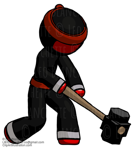 Red Ninja Warrior Man Hitting With Sledgehammer, Or Smashing Something At Angle #5645