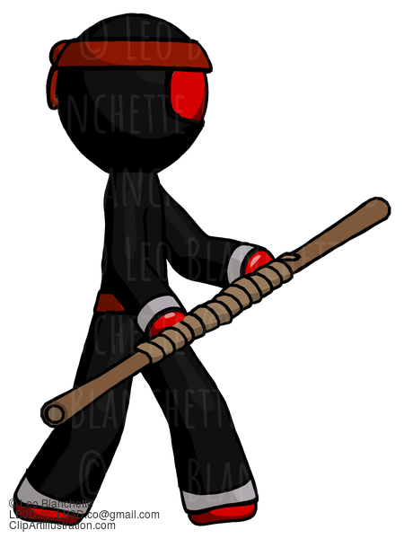 Red Ninja Warrior Man Holding Bo Staff In Sideways Defense Pose #5649