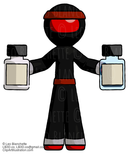 Red Ninja Warrior Man Holding Two Medicine Bottles #5650