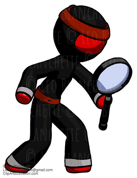 Red Ninja Warrior Man Inspecting With Large Magnifying Glass Right #5653