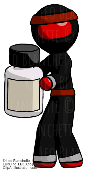 Red Ninja Warrior Man Holding White Medicine Bottle #5664