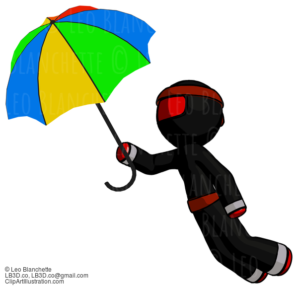 Red Ninja Warrior Man Flying With Rainbow Colored Umbrella #5669
