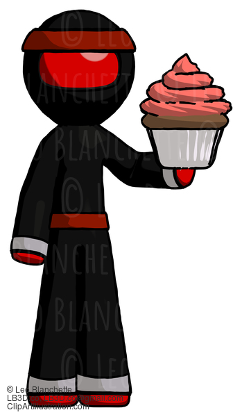 Red Ninja Warrior Man Presenting Pink Cupcake To Viewer #5685