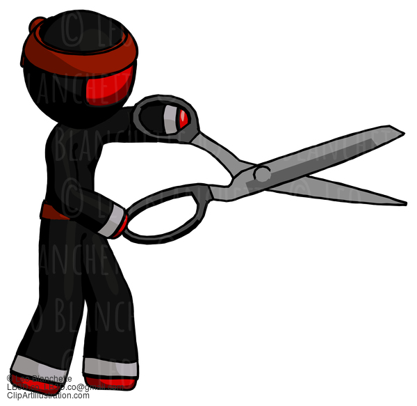 Red Ninja Warrior Man Holding Giant Scissors Cutting Out Something #5686