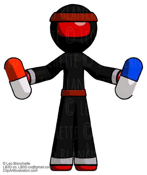 Red Ninja Warrior Man Holding A Red Pill And Blue Pill #5710