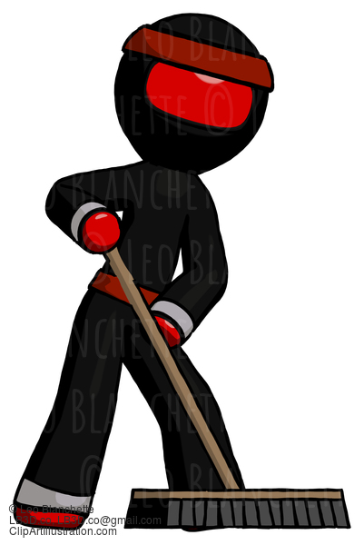 Red Ninja Warrior Man Cleaning Services Janitor Sweeping Floor With Push Broom #5745